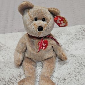Ty Plush Teddy Bear in Light Brown with Red Ribbon
